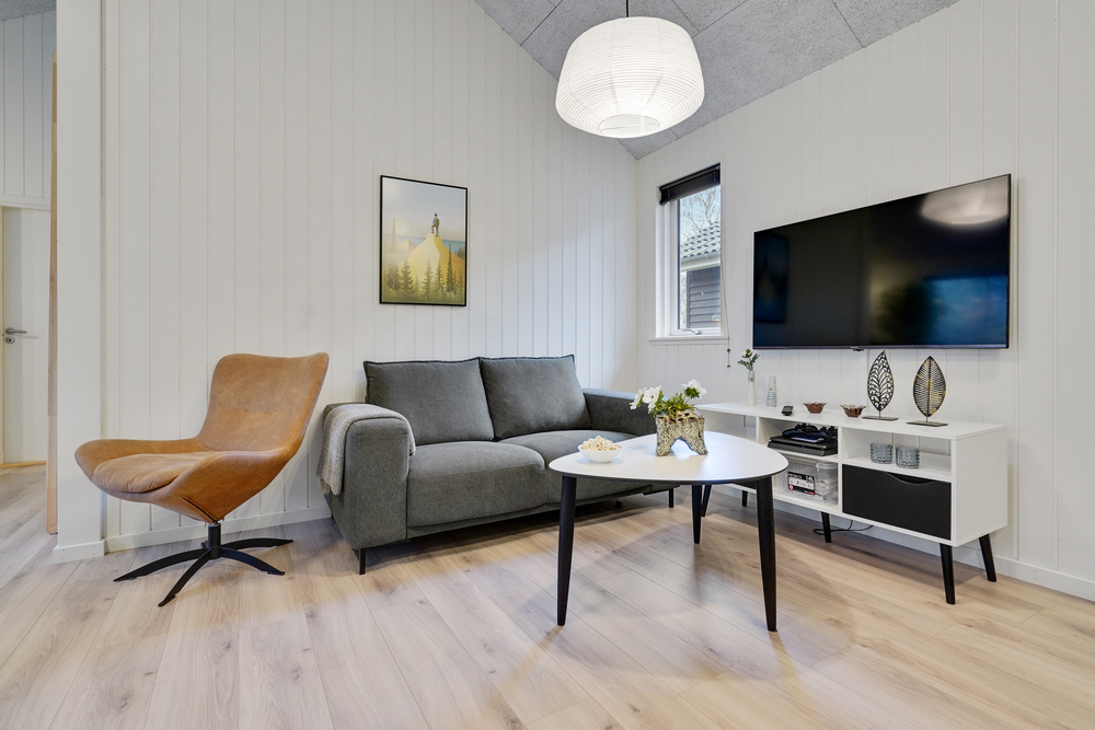 Sofaen i luksushus 517 i Lolland/Falster/Møn indbyder til brætspil eller at se en film sammen.