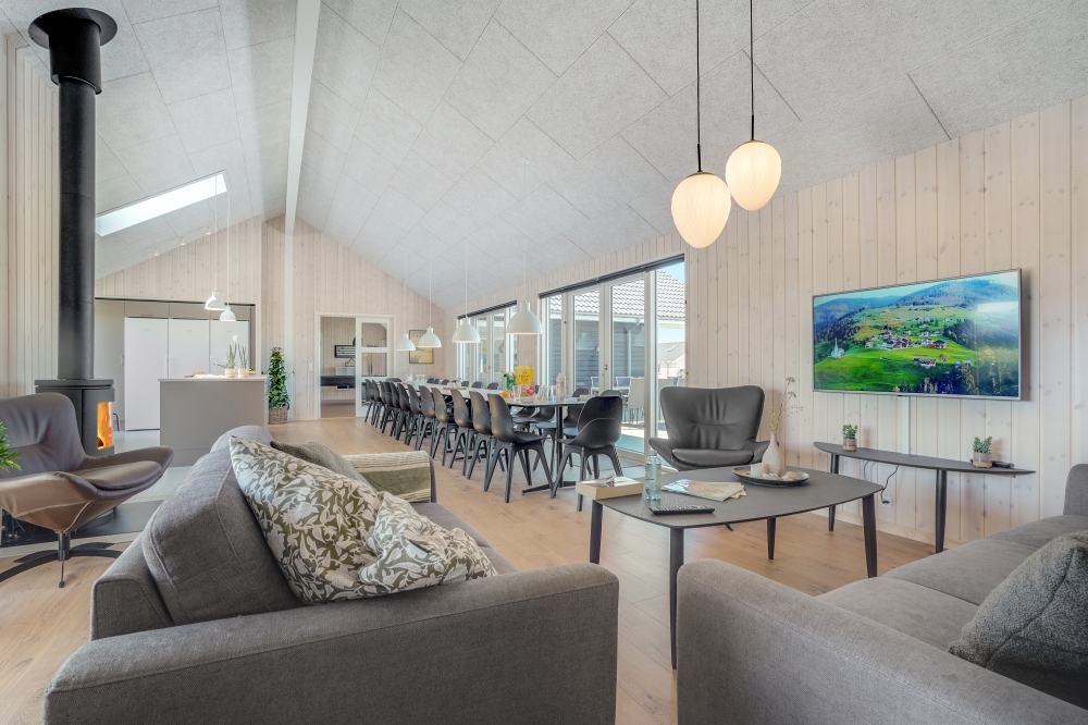 Sofaen i luksushus 542 i Limfjorden indbyder til brætspil eller at se en film sammen.