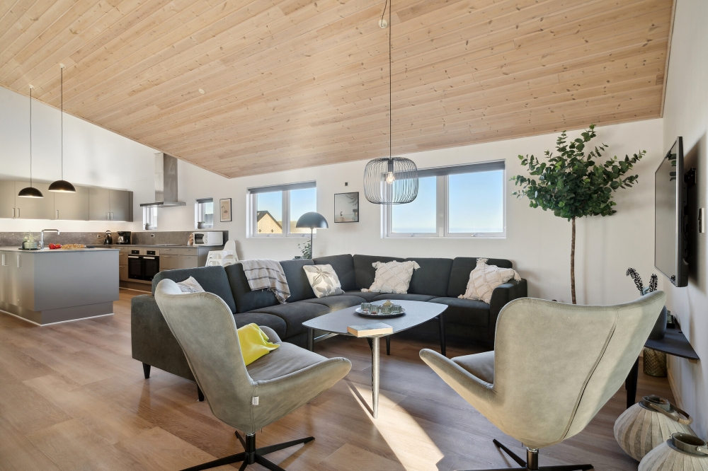Sofahjørnet i luksushus 176 i Vestjylland.