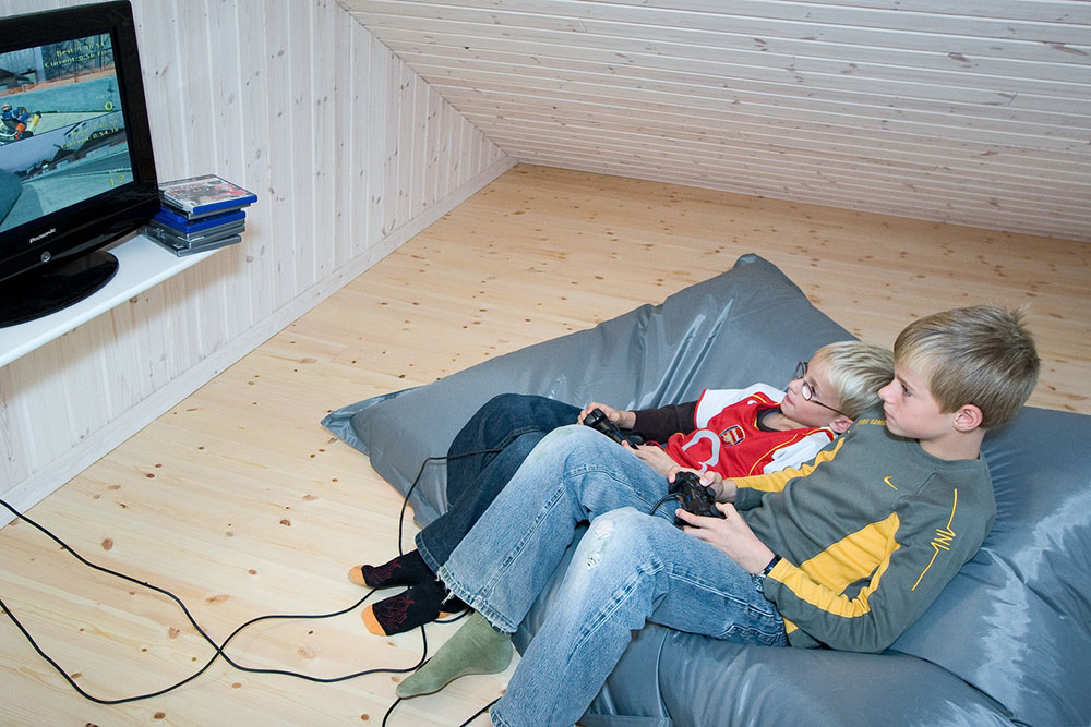 På hemsen er der til de yngre gæster indrettet hygge-hjørne med og sækkestole, fladskærms-tv med DVD og Playstation 2